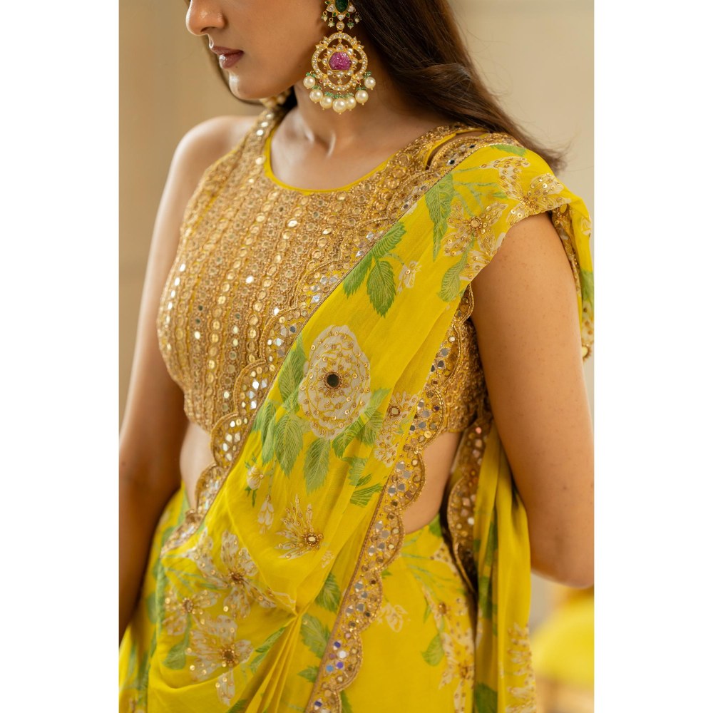 Paulmi & Harsh Yellow Printed Pre Drape Saree with Stitched Blouse