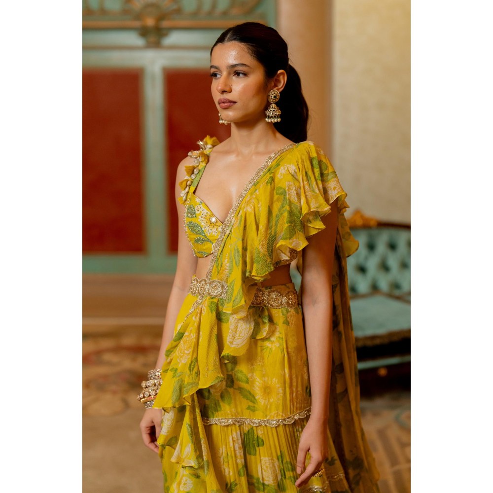 Paulmi & Harsh Yellow Pre Drape Saree with Stitched Blouse and Belt