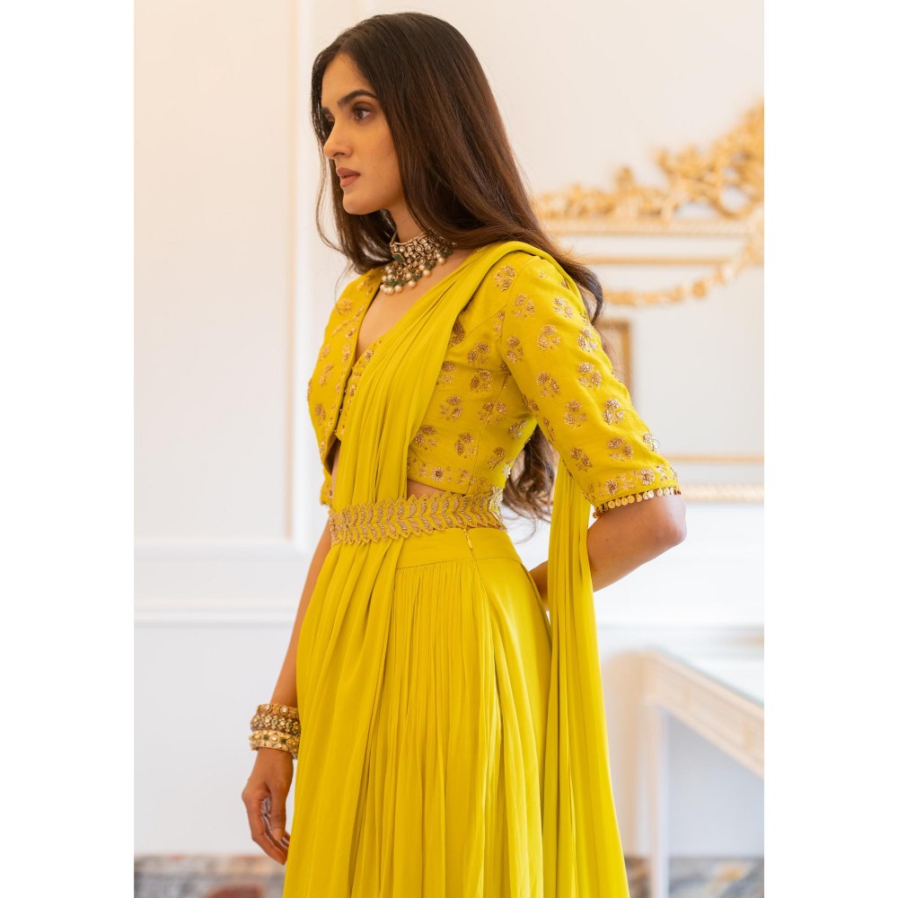 Paulmi & Harsh Yellow Kellie Pre Drape Saree with Stitched Blouse and Belt
