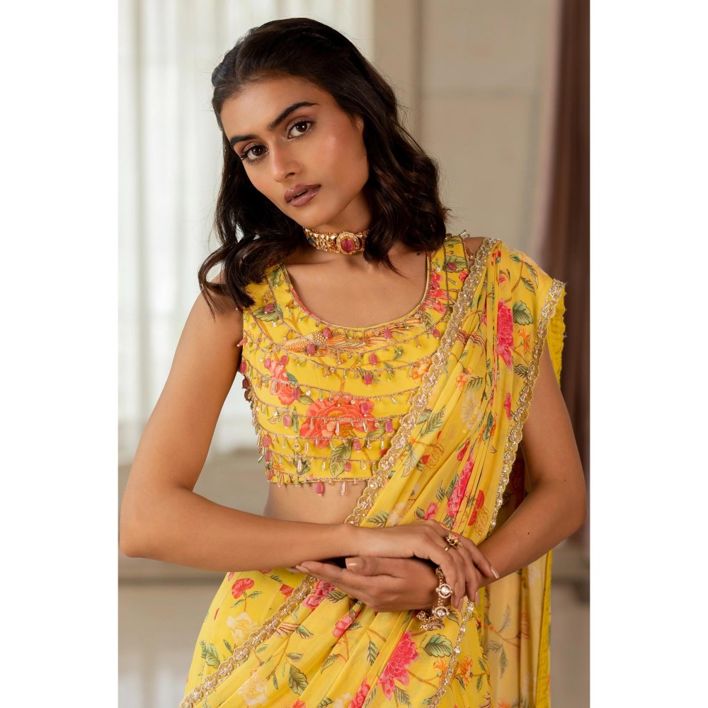 Paulmi & Harsh Yellow Printed Pre Drape Saree with Stitched Blouse