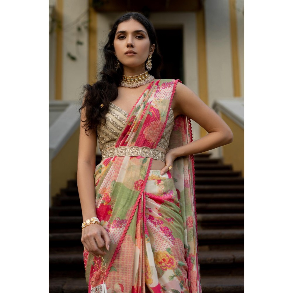 Paulmi & Harsh Pink Julia Floral Printed Pre Drape Saree with Stitched Blouse
