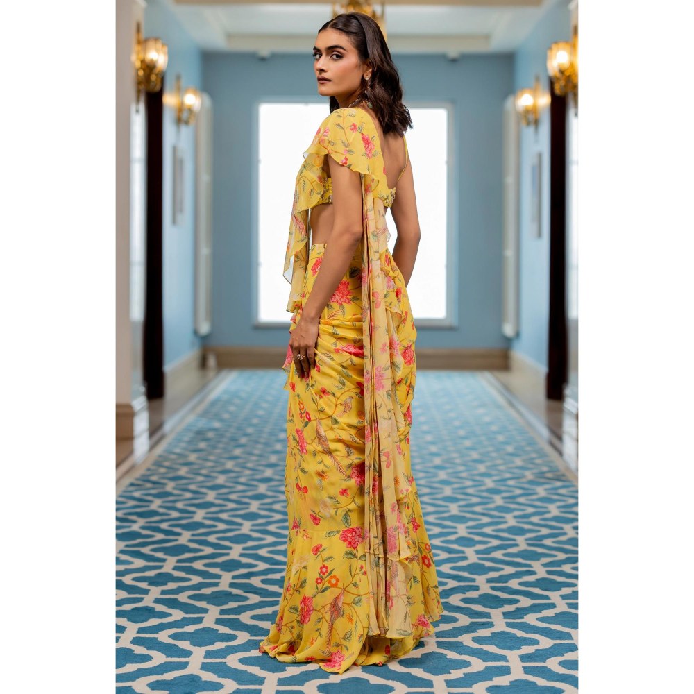 Paulmi & Harsh Yellow Printed Pre Drape Saree with Stitched Blouse