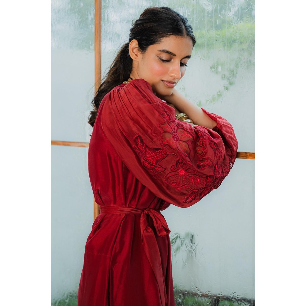 Paulmi & Harsh Red Dahlia Embroidered Jumpsuit