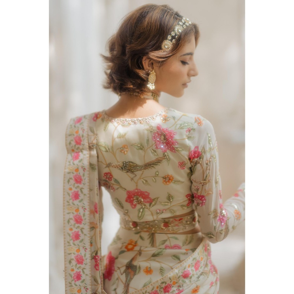 Paulmi & Harsh Amaal Off White Pre-Draped Saree with Stitched Blouse and Belt