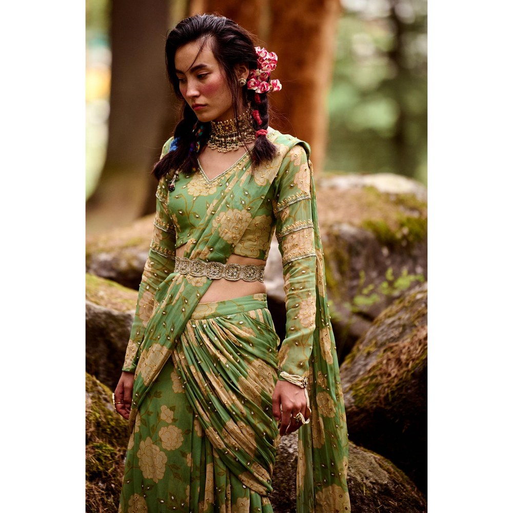 Paulmi & Harsh Fern Green Pre-Draped Saree with Stitched Blouse and Belt