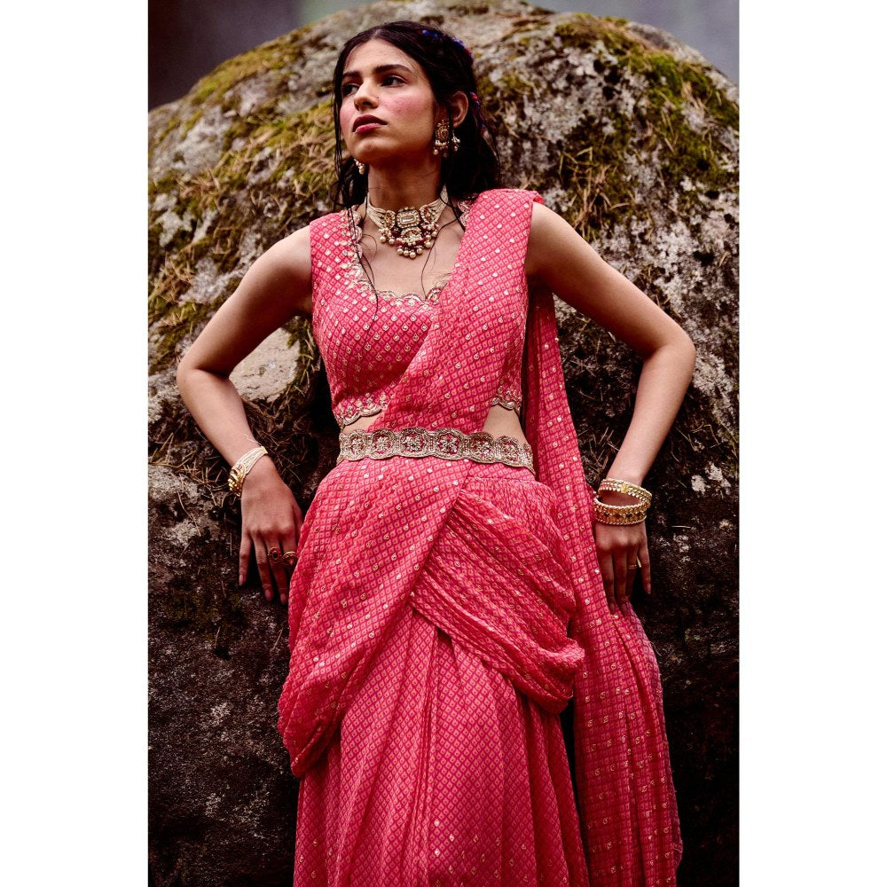 Paulmi & Harsh Sabine Pink Pre-Draped Saree with Stitched Blouse and Belt
