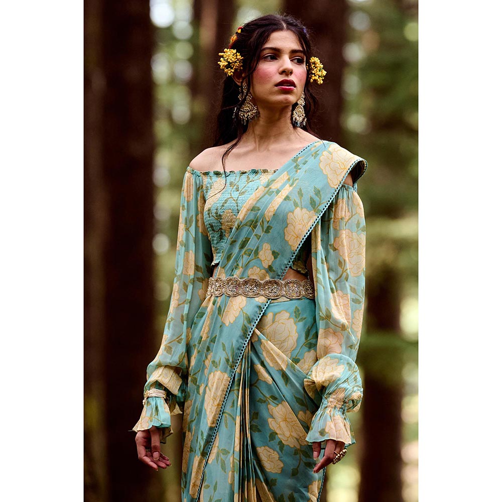 Paulmi & Harsh Rowyn Blue Pre-Draped Saree with Stitched Blouse and Belt