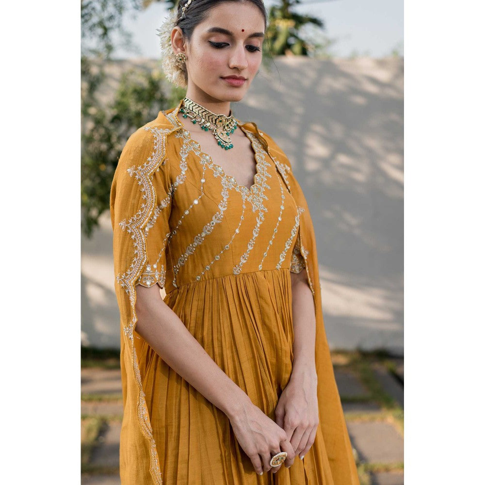Paulmi & Harsh Women Mustard Chanderi V-Neck Anarkali Kurta with Palazzo and Dupatta