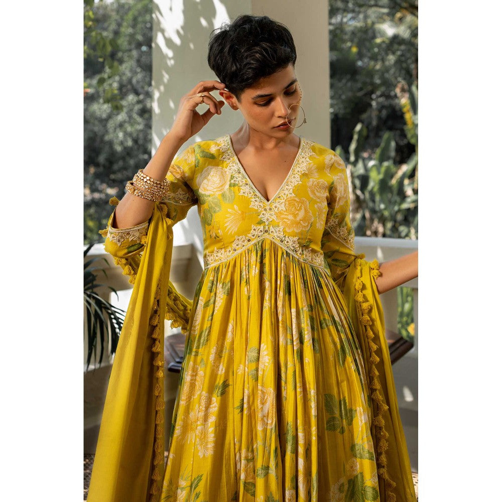 Paulmi & Harsh Women Yellow Cotton Silk V-Neck Anarkali Kurta with Palazzo and Dupatta
