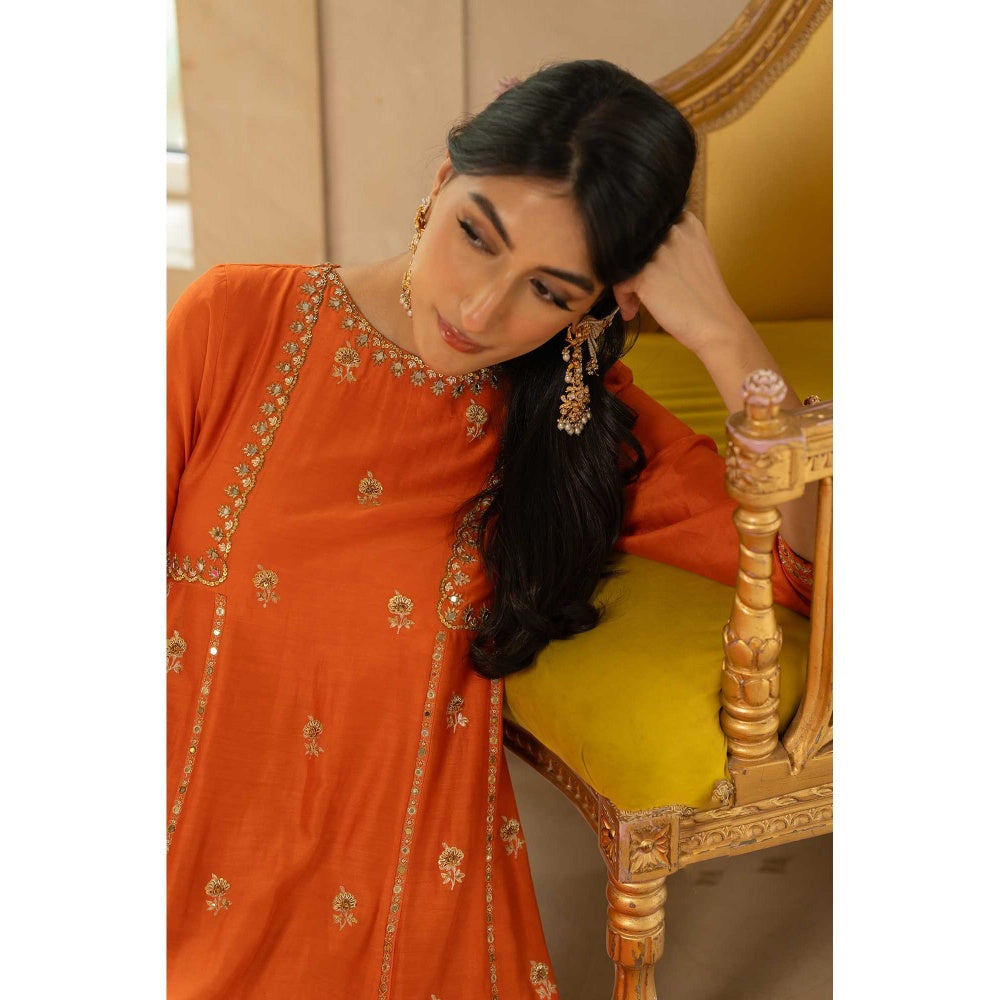 Paulmi & Harsh Women Rust Chiniya Silk Round Neck Kurta with Pant