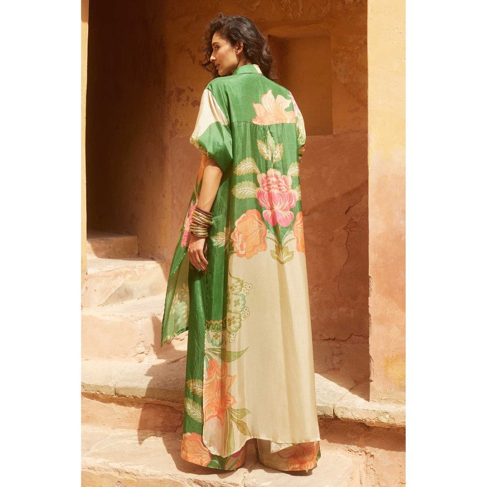Paulmi & Harsh Women Green Silk Collar Neck Kurta with Pant