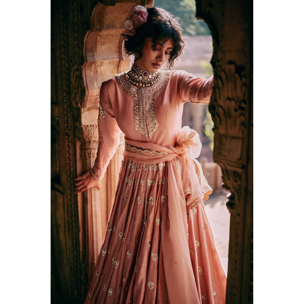 Paulmi & Harsh Women Pink Chiniya Silk Round Neck Kurta with Palazzo and Dupatta