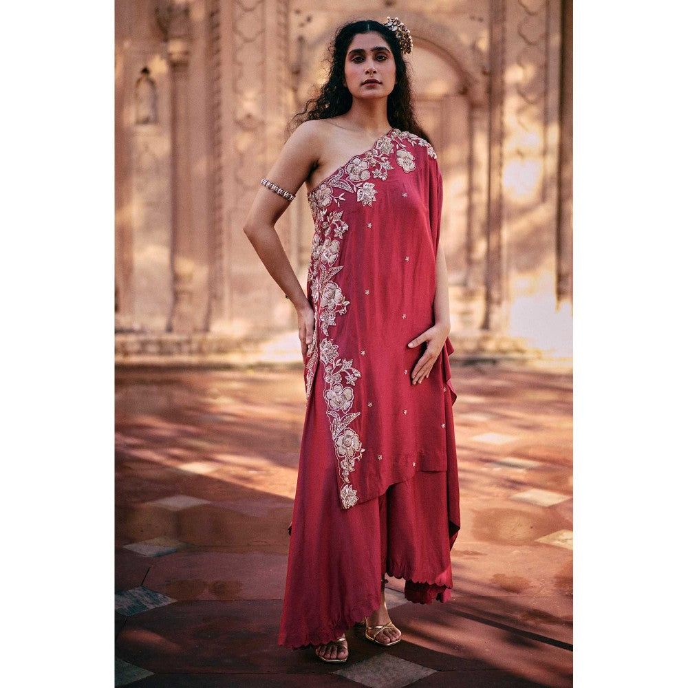 Paulmi & Harsh Women Maroon Silk One Shoulder Kurta with Palazzo