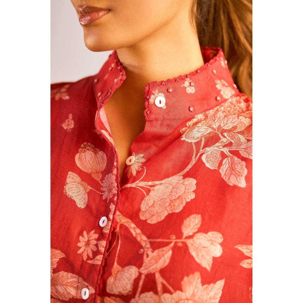 Paulmi & Harsh Women Red Linen Mandarin Neck Kurta with Pant
