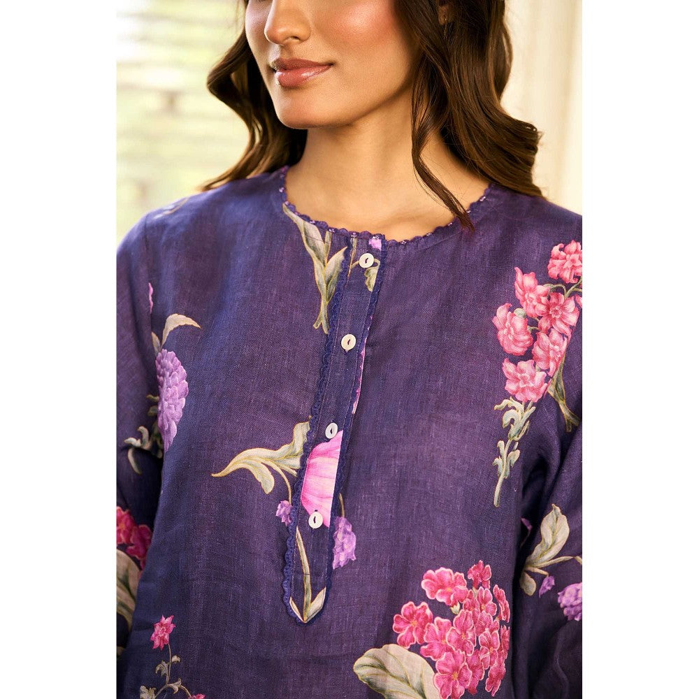 Paulmi & Harsh Women Purple Linen Round Neck Kurta with Pant