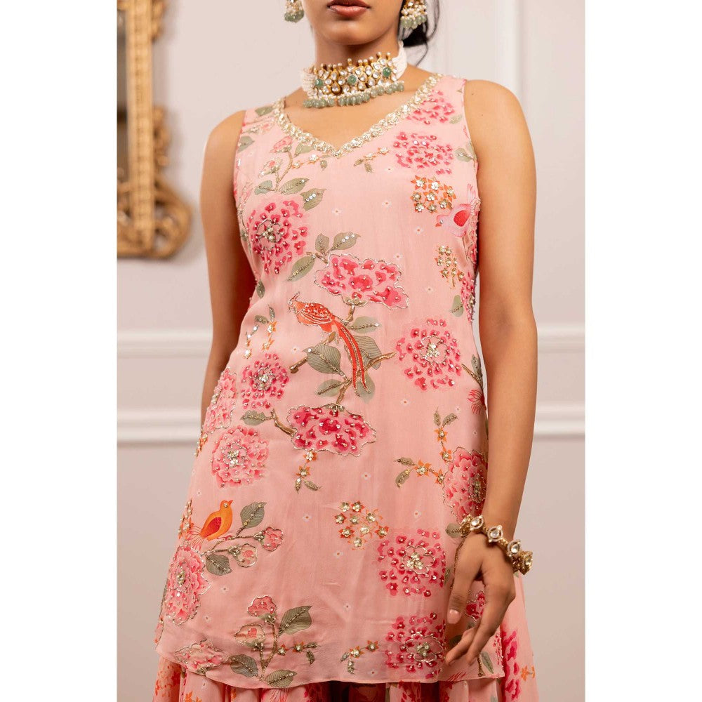 Paulmi & Harsh Women Pink Georgette V-Neck Kurta with Sharara