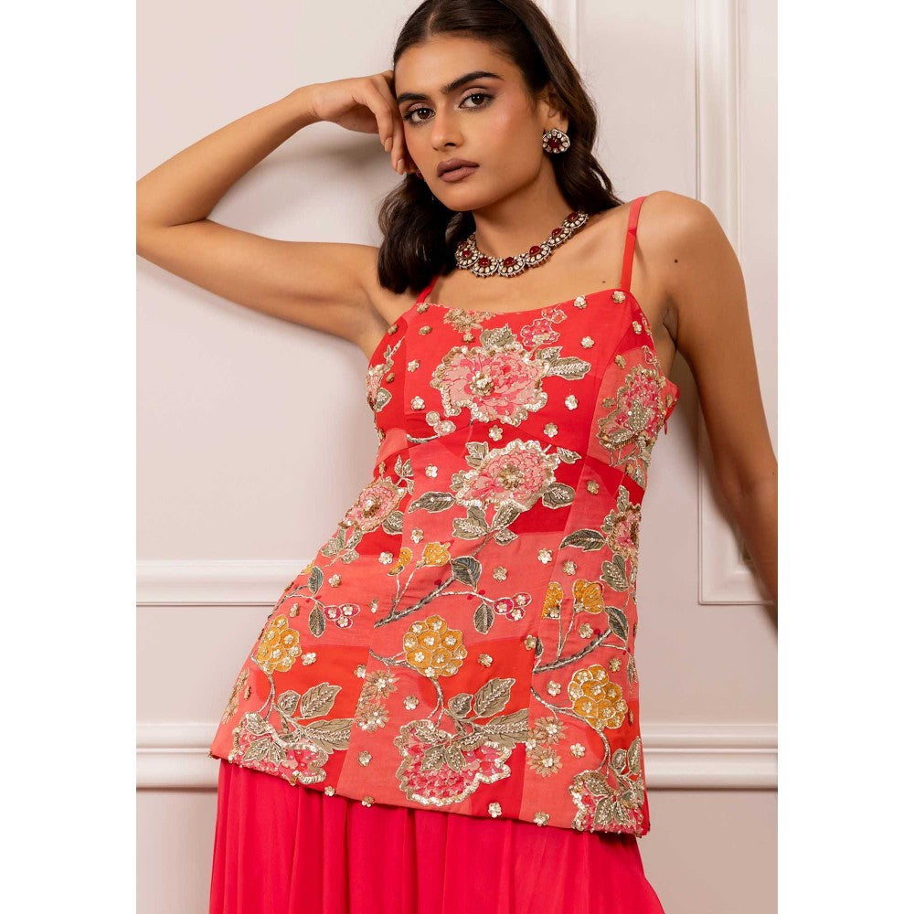 Paulmi & Harsh Women Red Georgette Shoulder Straps Kurta with Palazzo