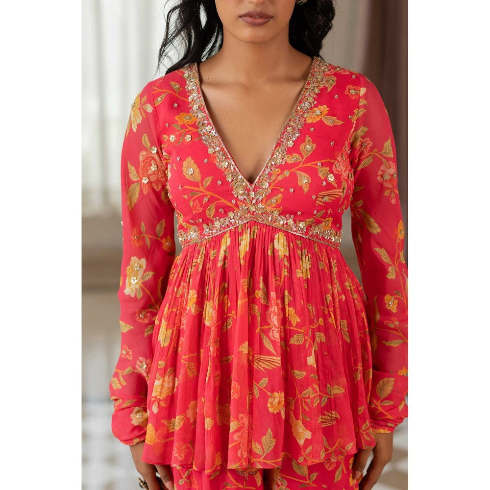 Paulmi & Harsh Women Pink Georgette V-Neck Kurta with Sharara