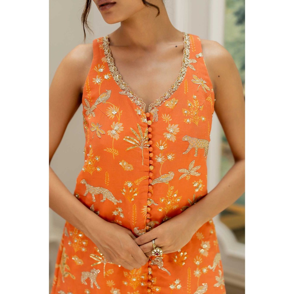 Paulmi & Harsh Women Orange Chiniya Silk V-Neck Kurta with Palazzo