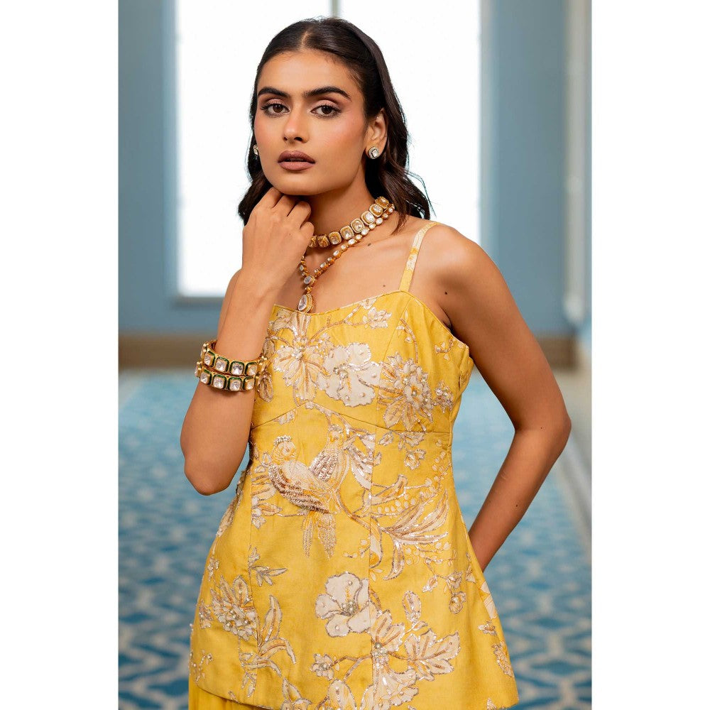 Paulmi & Harsh Women Yellow Georgette Shoulder Straps Kurta with Palazzo