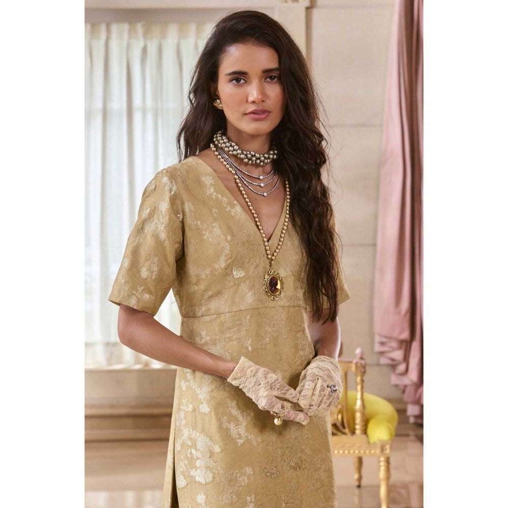 Paulmi & Harsh Women Beige Jacquard V-Neck Kurta with Palazzo