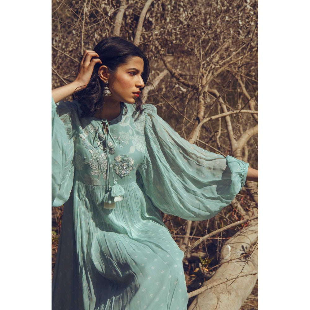 Paulmi & Harsh Ashley Blue Round Neck Maxi Dress
