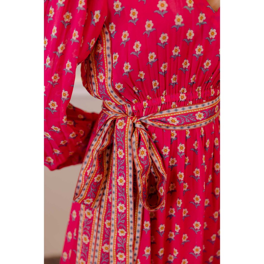 Paulmi & Harsh Amisha Pink Printed Kaftan Maxi With Belt