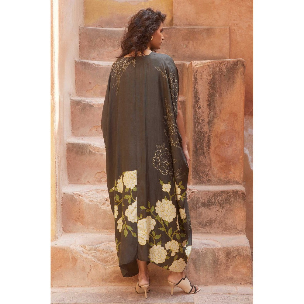 Paulmi & Harsh Ginger Black Floral Printed Kaftan Maxi Dress With Slip
