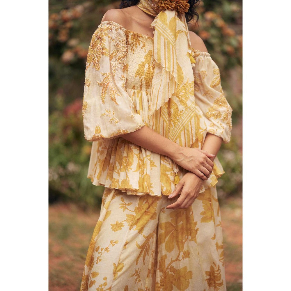 Paulmi & Harsh Yellow Aveza Chanderi Peplum Top With Palazzo And Scarf