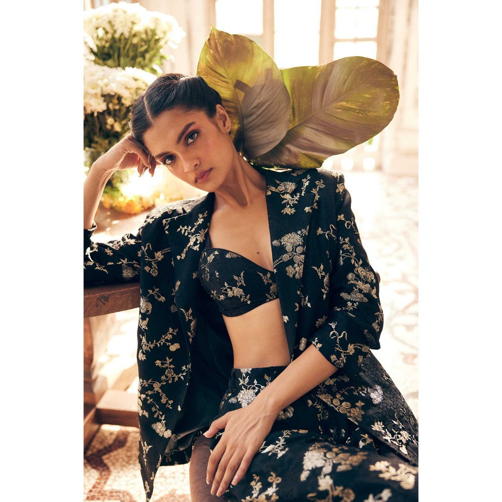 Paulmi & Harsh Talia Black Floral Printed Blazer With Bustier, And Trousers