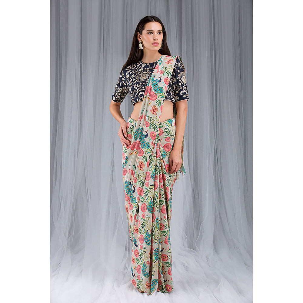 Payal Singhal Khaki Anar Aur Mor Print Saree Set