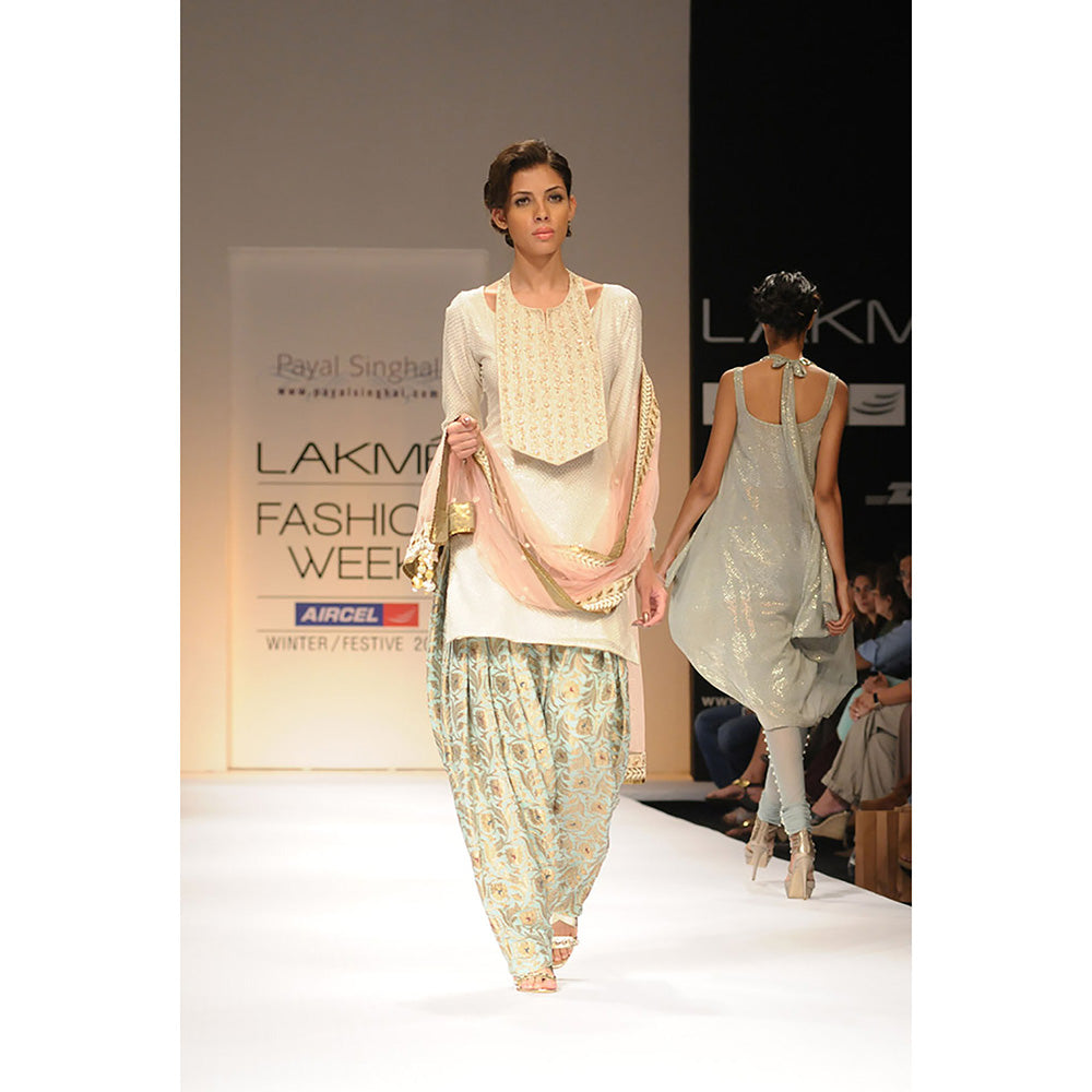 Payal Singhal Grey Mukaish Cowl Kurta with Churidar (Set of 4)