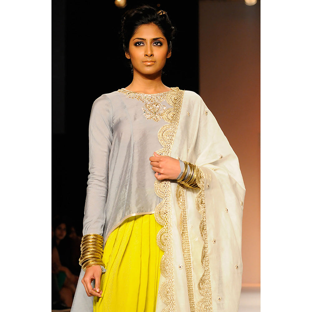 Payal Singhal Chaand Grey Cotton Silk High Low Kurta with Patiala & Silkmul Dupatta (Set of 3)