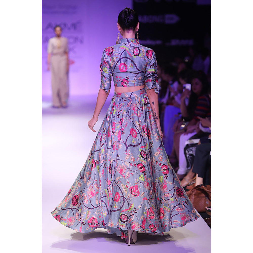 Payal Singhal Bahara Blue Printed Dupion Silk Cropped Shirt & Skirt (Set of 2)