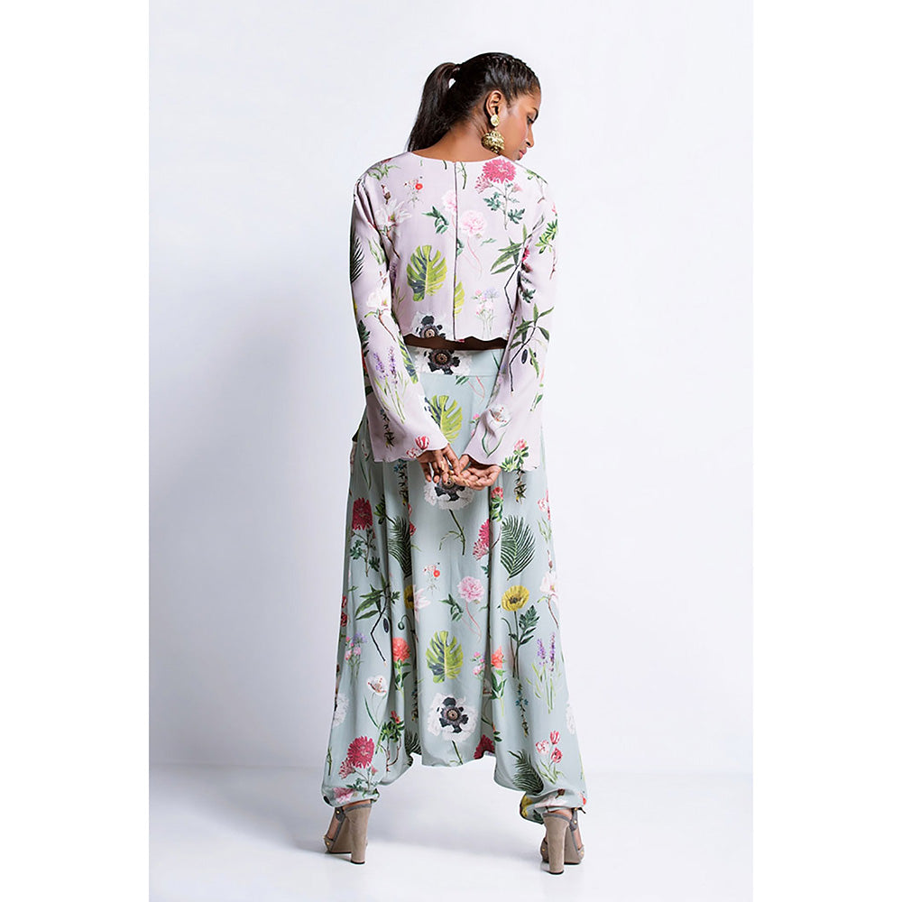 Payal Singhal Lilac Printed Crepe Crop Top & Aqua Printed Crepe Low Crotch Pant (Set of 2)