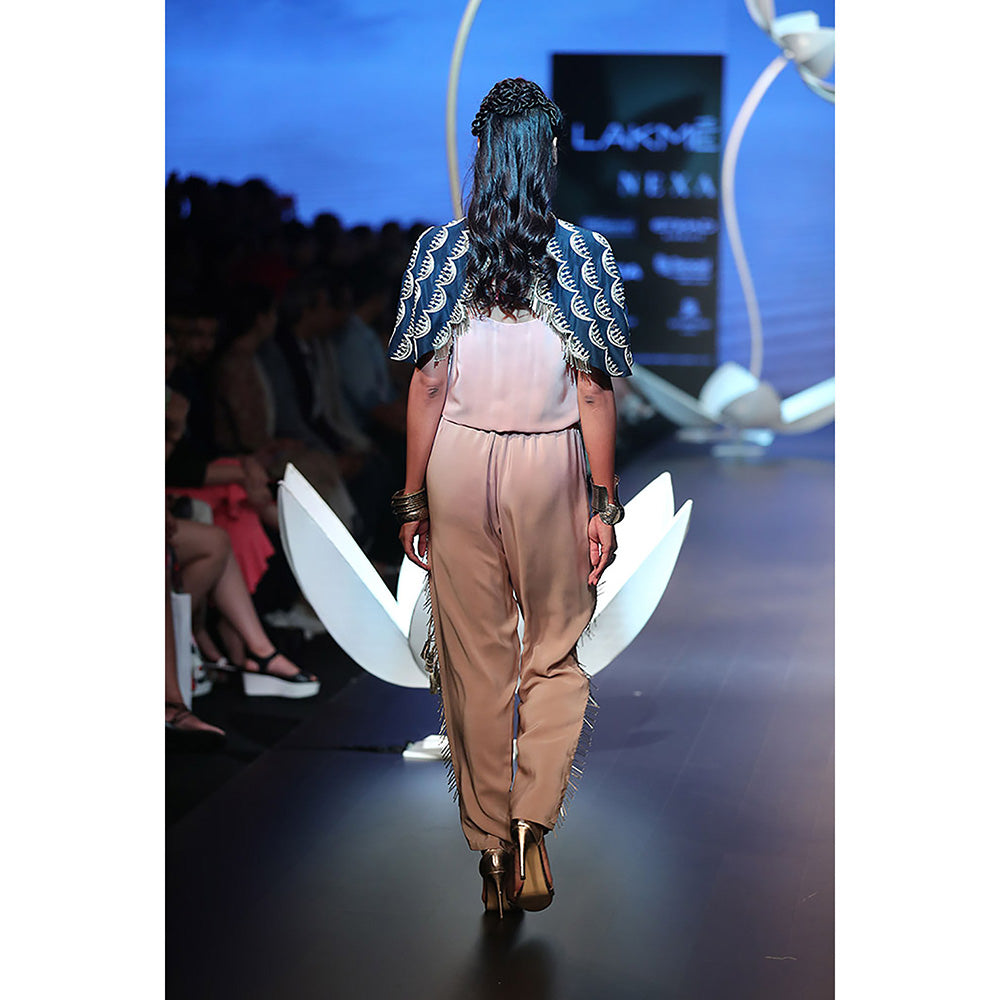 Payal Singhal Arka Navy Silk Cape with Rose Pink Crepe Jumpsuit (Set of 2)