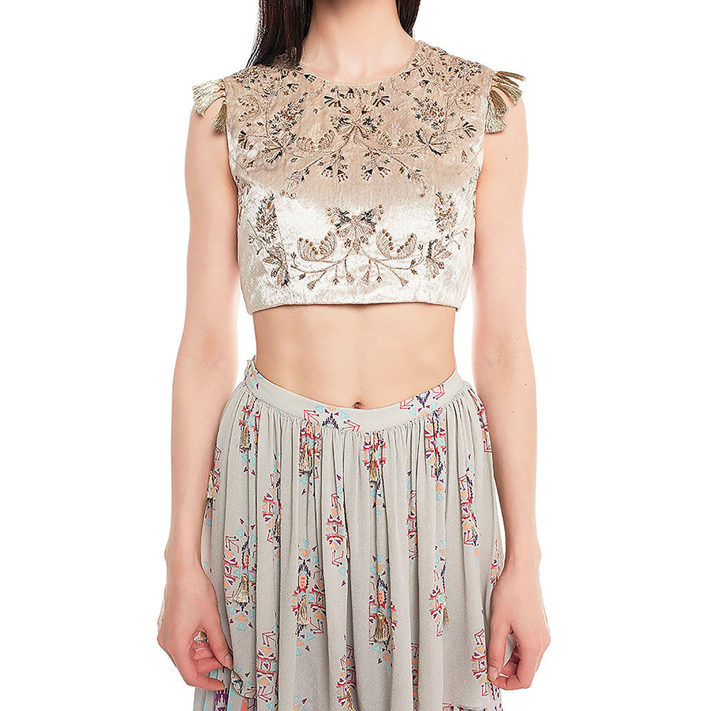 Payal Singhal Grey Velvet Choli with Grey Printed Georgette Layered Sharara (Set of 2)