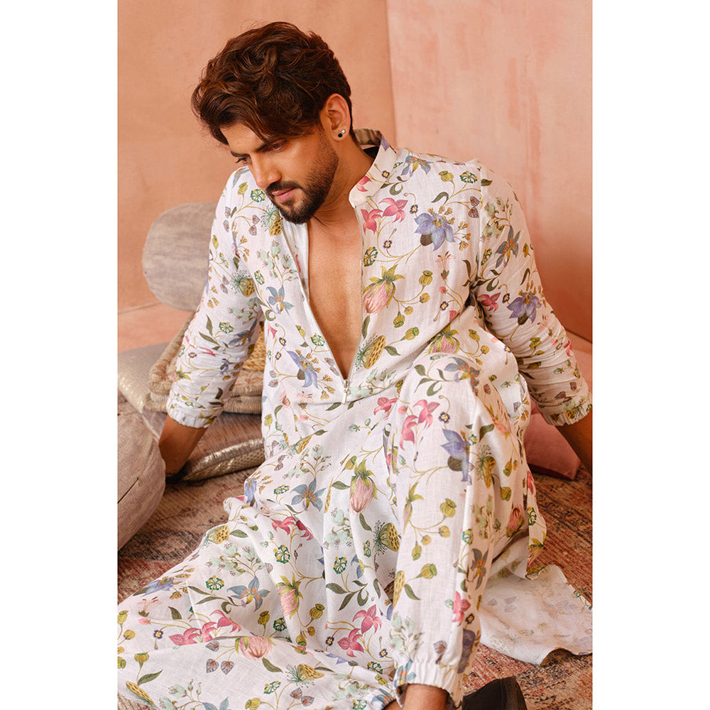 PS Men by Payal Singhal Ivory Nargis Print Bomber Kurta with Jogger Pant (Set of 2)