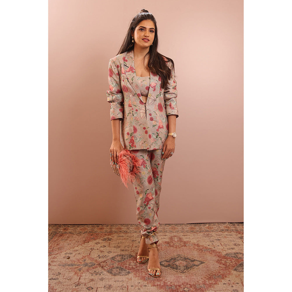 PS Pret by Payal Singhal Pink Gulbagh Print Blazer with Bustier and Pants (Set of 3)