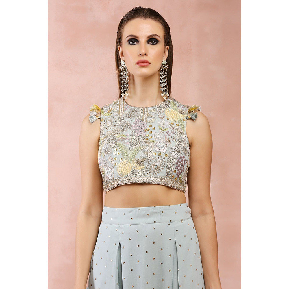 Payal Singhal Powder Blue Low Crotch Pant With Attached Drape Saree & Stitched Blouse