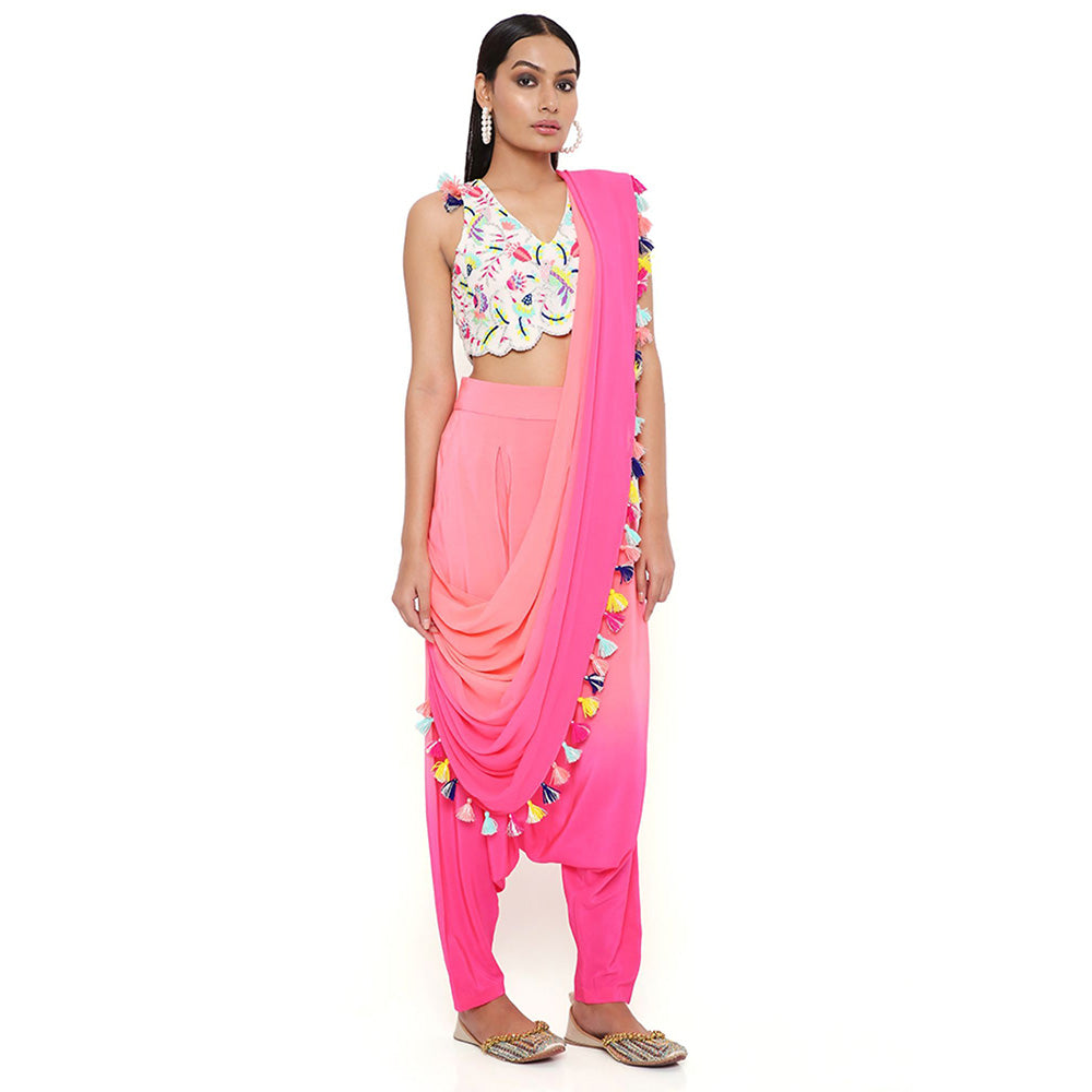 Payal Singhal Georgette Embroidered Blouse with Coral Pant with Attached Drape (Set of 2)