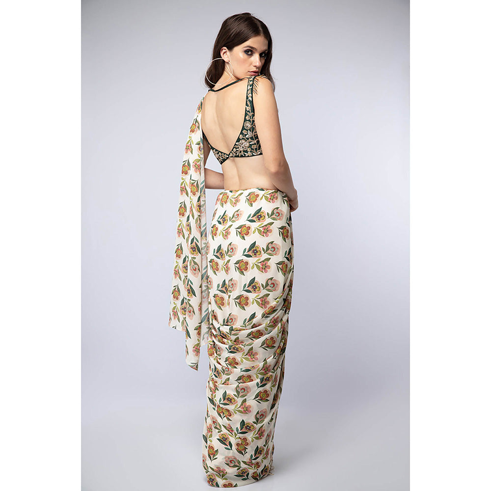 Payal Singhal Emerald Green Printed Saree with Petticoat and Stitched Blouse
