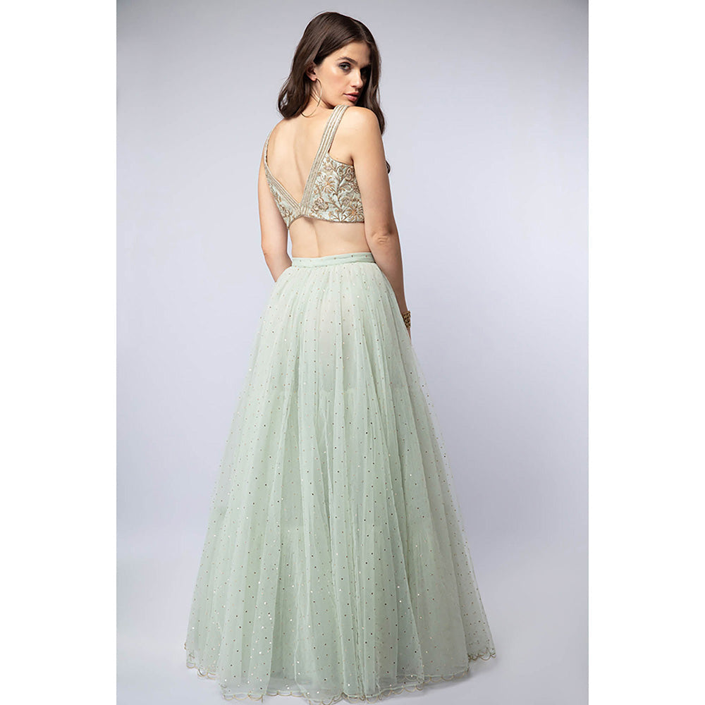 Payal Singhal Green Mint Blouse with Mukaish Lehenga and Dupatta (Set of 3)