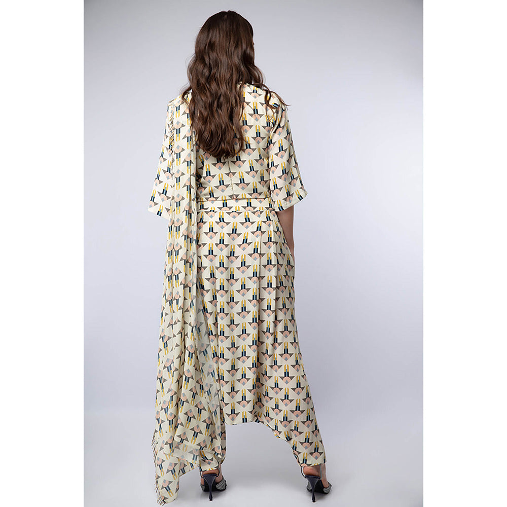 Payal Singhal White Printed Crop Top with Dhoti and Attached Drape (Set of 2)