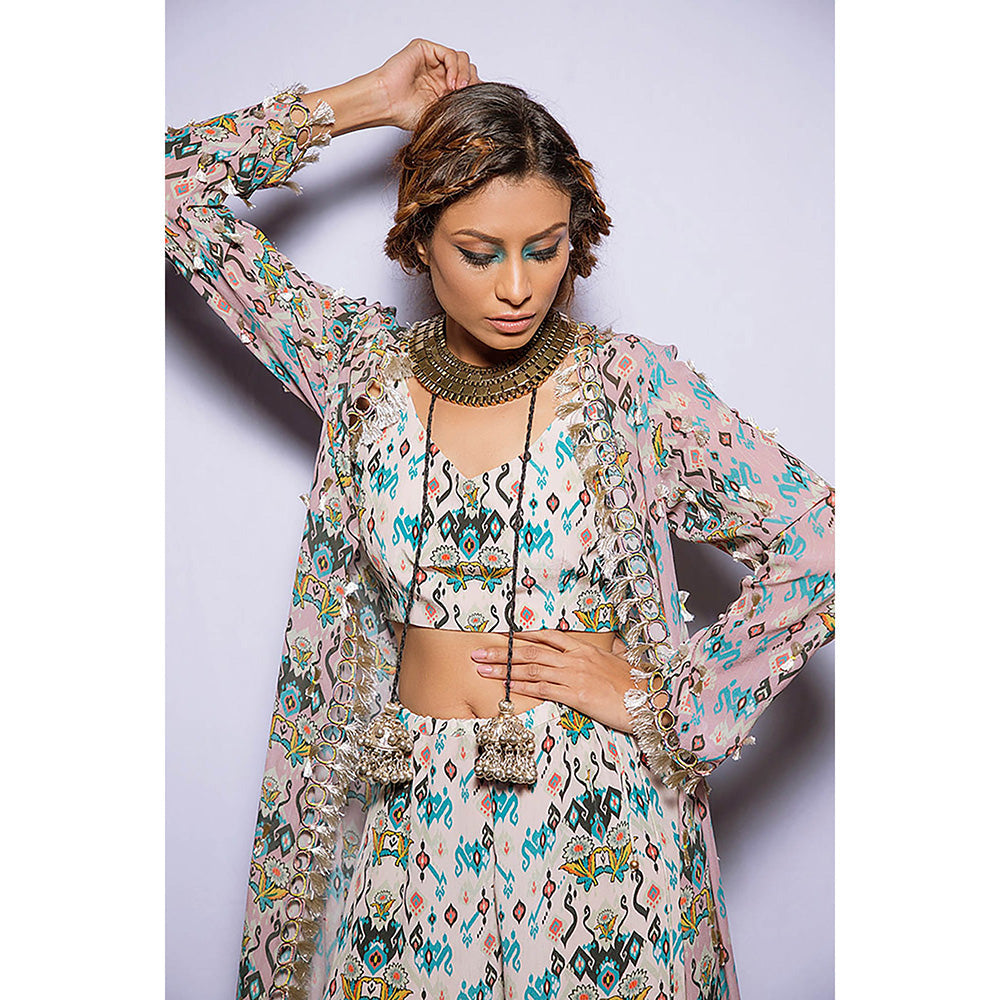 Payal Singhal Green Printed Jacket with Bustier and Sharara (Set of 3)