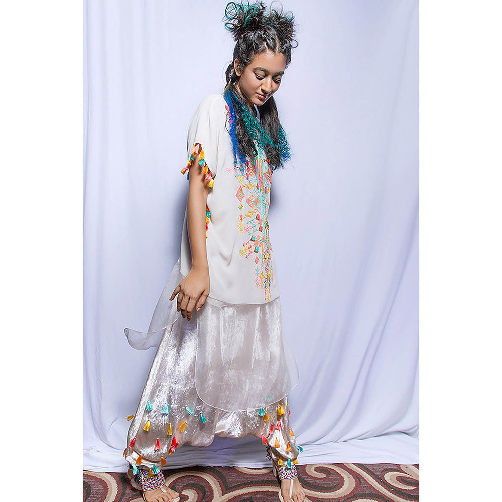 Payal Singhal Kiya Chalk White Kaftan with Velvet Dhoti (Set of 2)