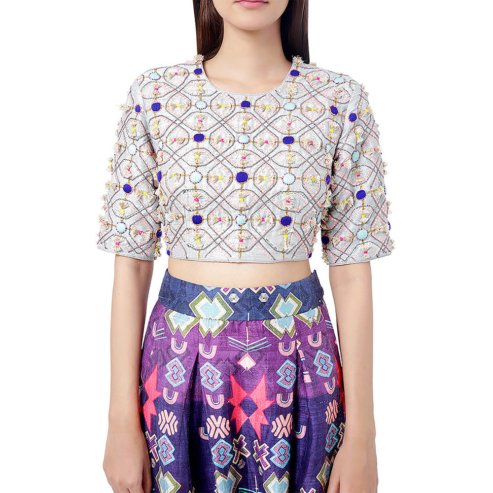 Payal Singhal Purple Blue Embroidered Crop Top with Dhoti (Set of 2)