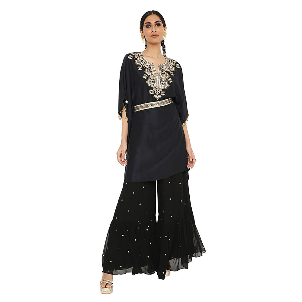 Payal Singhal Black Embroidered Kaftan with Sharara and Belt (Set of 2)