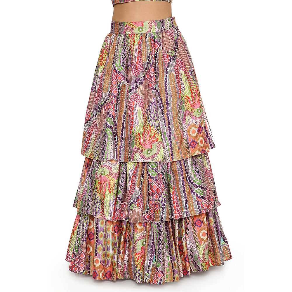 Payal Singhal Multi-Colour Print Blouse with Ruffled Skirt and Dupatta (Set of 3)
