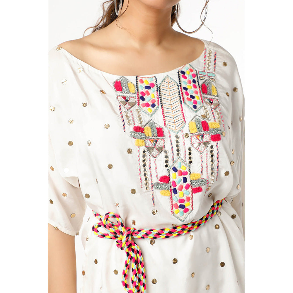 Payal Singhal Off White Crepe Embroidered Kaftan with Palazzo and Belt (Set of 3)